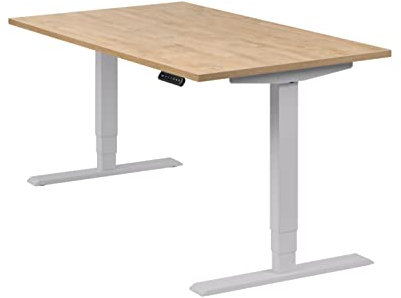 boho office® höhenverstellbarer Schreibtisch 140 x 80 cm - Elektrisch stufenlos, 2 Motoren, 3-Fach Teleskop, Memoryfunktion, inkl. Wireless Charger - Homedesk Silber inkl. Tischplatte in Wildeiche