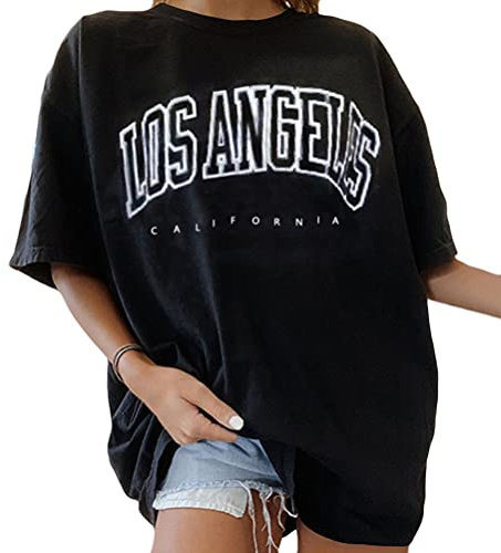 Tomwell Vintage Oberteile Damen Oversized Tshirt Lustig Streetwear Sportshirt Kurzarm Sport Oberteile Sweatshirt Rundhals Teenager Mädchen Top Lang Schwarz XS