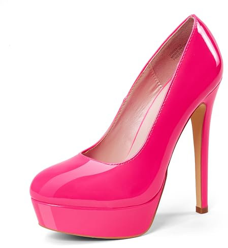 GENSHUO Tacchi Plateau Donna Eleganti Scarpe Tacco a Spillo Sexy Décolleté Moda Punta Rotonda Scarpe Festa Nozze Rosa Fluorescente 41 EU