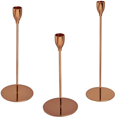 G Decor Set Of Three Aldwin Copper Rose Gold Brass Metal Classic Dinner Candlesticks Taper Church Candle Holders