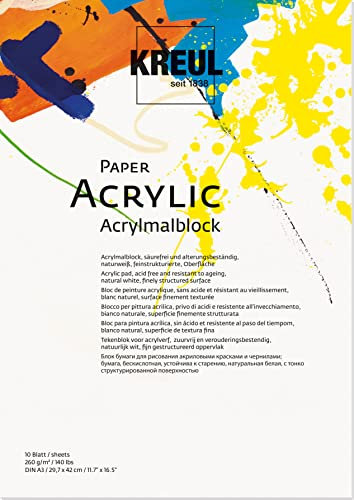 KREUL 69042 - Acrylmalblock, DIN A3, 10 Blatt, naturweiß, feinstrukturierte Oberfläche, vierseitig geleimt, säurefrei und alterungsbeständig, ideal für Malerei mit Acrylfarben, Ink und Markern