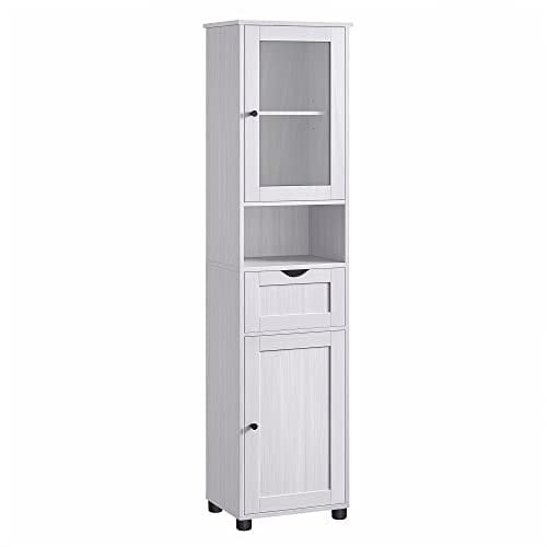 VASAGLE Badezimmerschrank, Badschrank, Hochschrank, offenes Fach, Glastür, schmal, Badezimmermöbel, Badmöbel mit Füßen, höhenverstellbare Ablagen, platzsparend, ahornweiß BBK163T44