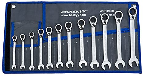 HASKYY 12tlg I 8-19mm I Ratschenschlüssel-Set I 15° Arbeitswinkel I Gabelschlüssel Ratschen-Schlüssel-Satz Maulschlüssel