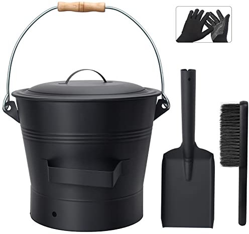 Brian & DANY Ascheeimer mit Deckel, 2,6 Gallonen Kamin Ascheeimer mit Schaufel und Handbesen, Metalleimer für Kamin, Feuerstelle, Holzofen, Schwarz