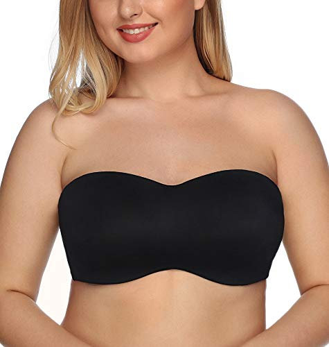 DotVol Seamless Bandeau Unlined Underwire for Large Bust Women's Minimizer Strapless Bra (Black，34C)