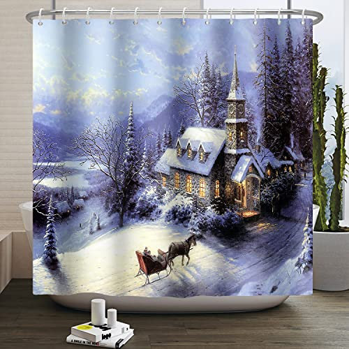 SDOTPMT 180x180cm Winter Feiertag Verschneit Szenerie Duschvorhang Land Burg Schneeflocken Kiefer Baum Badevorhang Weihnachten Thema Bauernhaus Dusche Vorhang für Badezimmer Polyester mit Haken