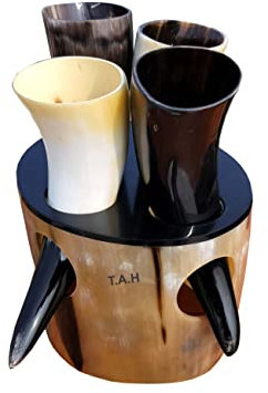 THE ANTIQUE HOUSE Vintage Drinking Horn Mug Set of 4 Handmade Ceremonial Viking Drinking Horn Mug for Mead Wodka Whisky Ancient Horns with Stand Gift