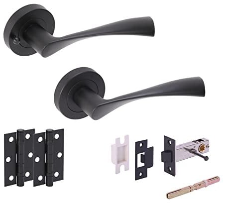 Hunta HANDLEZONE® Zena Privacy Door Handle Latch Pack, Complete with Lever On Rose Handles, Latch, Ball Bearing Hinges - Black Matt