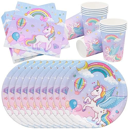 40 Pcs Unicorn Party Tableware,Unicorn Party Paper Tableware Set, Including Dinner Plate, 8.97in,Napkin, Paper Cup, For Baby Shower, Engagement Wedding, Birthday Party