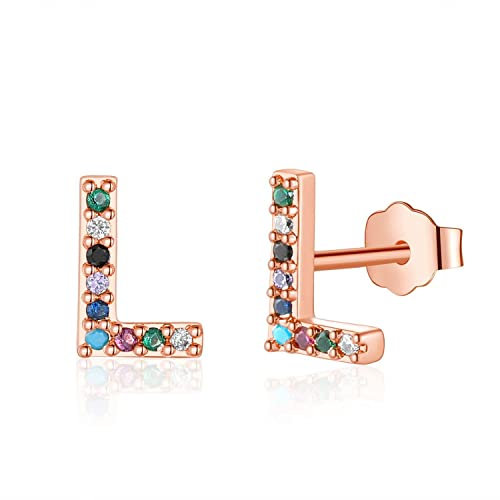 Ohrstecker Silber 925 Damen, Ohrringe Buchstaben L Silber 925 Stecker Regenbogen Cz Medizinische Ohrstecker Rosegold Piercing Ohr Schmuck Personalisierte Geschenke für Frauen Freundin Tochter Mädchen