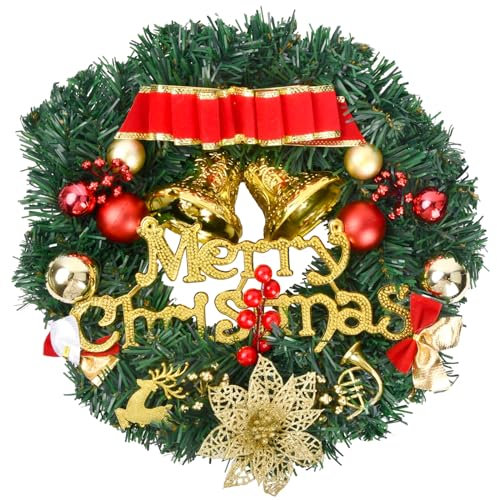 Jinlaili Corona de Navidad, 30 cm Artificial Navidad Corona, Bowknot Jingle, Guirnalda de Navidad en la Puert, Colgante Guirnalda de Acción de Gracias, Decoración de Navidad Fiesta Regalo (A)