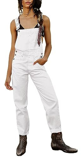 Loalirando Tuta Lunga in Denim da Donna Salopette Donna Denim Monopezzi da Donna Eleganti Pantaloni Larghi Jeans Tuta Casual (Bianco, M)