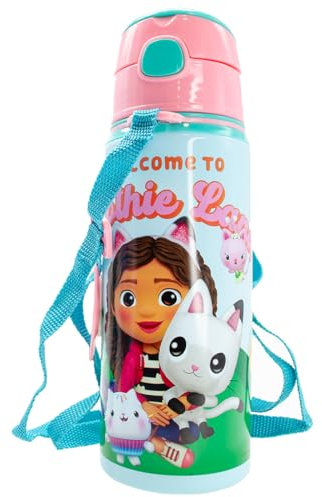 Gabby's Dollhouse Gourde en aluminium 600 ml Pop Up Welcome To Smoothie Land Corde extensible sans BPA Produit officiel pour enfants Dreamworks