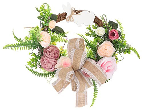 IMIKEYA Hasengirlande Sommerkranz Frühlingskranz Künstlicher Blumenkranz Rattan-Kranz Zierkranz Osterhasen Dekoration Osterhasenkranz Hasenschild Holz Plastik Haustür Weingirlande