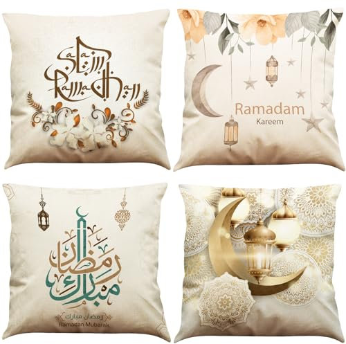 BINXWA Ramadan Kissenbezug,4 Stück Mond Laternen Baumwolle Leinen Kissenhülle Kissenbezug 45x45cm Ramadan Kareem dekokissen Happy Ramadan deko Sofa Kissen