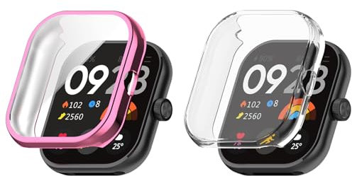 Kobmand 2pcs Custodia compatibile con Xiaomi Redmi Watch 4 Custodia protettiva, TPU Full Cover Pellicola protettiva Custodia protettiva per Xiaomi Redmi Watch 4 (Clear+pink)