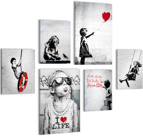 Novart Wandbilder Banksy Collage - KOMPLETT AUFHÄNGFERTIG - Street Art Wohnzimmer Büro - 6 Moderne Mood-Bilder - N003167a