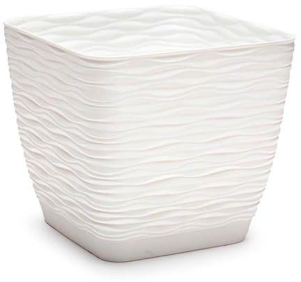 Tradineur - Maceta Cuadrada con Plato - Diseño Wind - Fabricado en plástico - Ideal para jardín Exterior, terraza o balcón - 17 x 19 x 19 cm - Color Blanco Roto