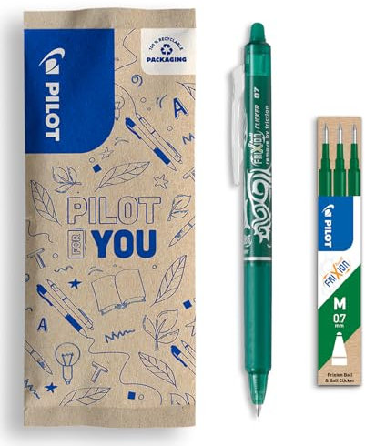 PILOT - Set aus 1 FriXion Clicker + 1 Set aus 3 Minen - Radierbarer Stift mit Druckmechanik und wärmeempfindlicher Tinte - Nachfüllbar und komfortabel - Grün - Mittlere Spitze