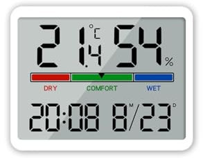 JZK Termómetro digital pequeño higrómetro con reloj y pantalla grande, fácil de controlar la temperatura interior, sensor de humedad