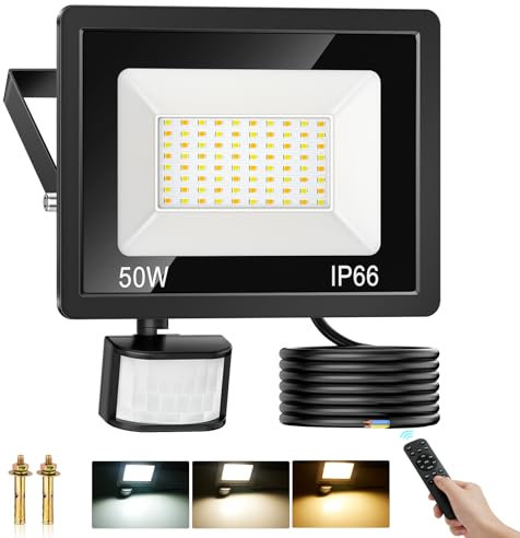COTLEDL 50W LED Strahler mit Bewegungsmelder Außen, 4500LM Dimmbar Außenstrahler Aussen mit Fernbedienung, IP66 Wasserdicht Scheinwerfer Warmweiß Neutralwei Kaltweiß LED Fluter für Garten Hof Garage
