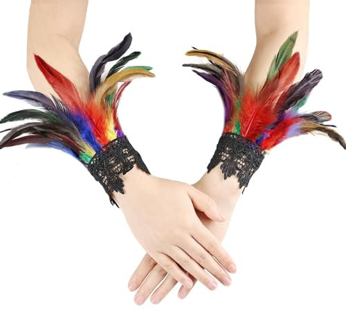 ZOSIGN 1 Paar Vintage Feder Manschette,Damen Feder Manschetten,Gothic Federmanschetten,Damen Vintage Spitzenhandschuhe mit Feder, für Halloween Kostüm Rollenspiel Party (Bunt, M)