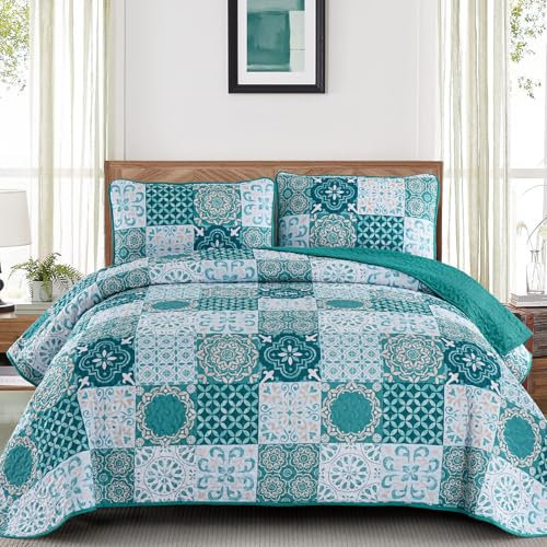 Teal Quilt Set Queen Size, Boho Turquoise Plaid Patchwork Tagesdecken, Deckeset, 3-teilig, weiche, leichte Mikrofaser, Bohemian-Bettwäsche-Set für alle Jahreszeiten, 243,8 x 228,6 cm