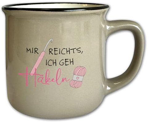 Vintage Mug with Saying T135 Mir reichts, ich geh Häkeln Ceramic Brown Motif Mug Wool Knitting Crochet Retro 330 ml