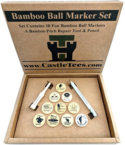 Castle Tees Funny Golf Ball Markers Set of 10 with Free Pitch Repair Tool & Pencil in a Gift Box. Joke Novelty Fun Golf Ball Marker Gift for Christmas or a Birthday or as a Great Golf Prize