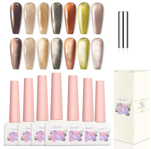 Adhere 7pcs 12ML Cat Eye Gel Nagellack Set, 7 Farben Holographische Orange Gelb Glanz Gold Gel Polish Glitter 9D Magnetische Gel Polish Herbst Gel Polish mit Magnet Nail Art DIY Salode