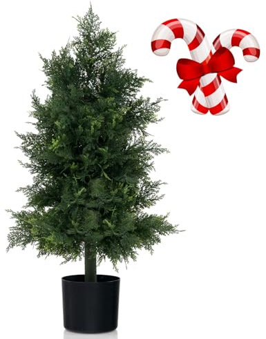 COSTWAY 80cm Kleiner Weihnachtsbaum, Mini Kunstpflanze Zeder, künstliche Pflanze Kiefernbaum, Kunstbaum mit Topf, Christbaum mit realistischen Blättern, Dekopflanze für Weihnachten, Grün