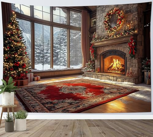 LB Tapiz de Pared Chimenea de Navidad Colgar Pared Guirnalda roja de árbol de Navidad Tela Pared Bosque nevado invernal por la ventana Tapices para Sala Dormitorio Decoración,235x180cm