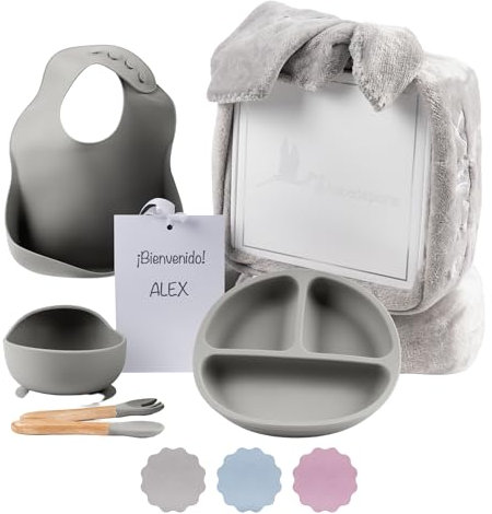 Regalo Ecológico Personalizado para Bebé | Vajilla de Silicona + Accesorios Personalizados (Gris | Vajilla + Manta) | BebeDeParis