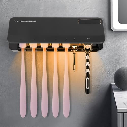 Porta Spazzolino con Sterilizzatore a Raggi UV, Sterilizzatore Portaspazzolino UV, Porta Spazzolino Denti da Muro con Essiccazione, USB 2000mah Porta Spazzolini con Luce UV, Nero