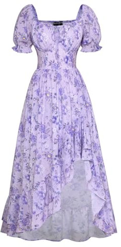 SCARLET DARKNESS Women's Sun Dress Irregular Hem Lace-up Floral Dress Midi Cottagecore Corset Dress Light Purple Floral XL