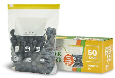 50pcs /Pack Slider Ziplock Bags – Reusable Freezer Storage Bags for Food, Sandwich, Meal Prep – Leakproof, BPA-Free, Resealable (Small size, 1 Quart). All Purpose plastic bags, heavy-duty zipper.