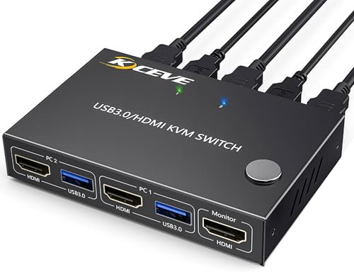 KCEVE KVM Switch 1 Monitor 2 Computers 4K@60Hz, HDMI KVM Switch Computer Share 2 Monitors and 4 USB 3.0 Devices with Wired Remote Control