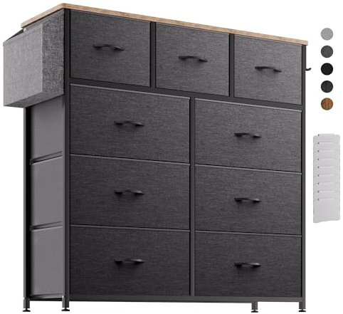 PURFINO Kommode mit Stoff-Schubladen - Stoffkommode mit 9 Großen Schubladen | Etikettenkarten, Seitentasche & Haken für Wohnzimmer, Flur, Schlafzimmer