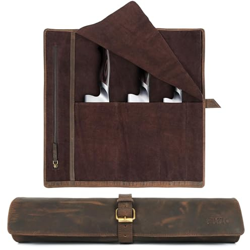 ELIZO Leather Knife Roll Chef Knife Bag Professional Chef Knifes Roll Bag Travel Storage Carrying Case Wrap Holder Sheath Kitchen Carrier Protectors Sleeve Tool Chefs Gift Grizzly