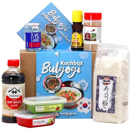 1mal1japan Bulgogi Kochbox | Korean BBQ mit Sauce & Reis | 10 Portionen | 8-teiliges Kochset für koreanisches Bulgogi | mit Sauce und Reis | für 10 Portionen inklusive Anleitung.