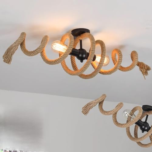 Hanfseile Deckenleuchte Vintage | Retro Spiral Seil Deckenlampe | Industry Eisen Antik Lampe | E27 2-flammig Rustikal Zimmerlampe | Decke Leuchte für Cafe Bar Loft Landhaus Küche Esstisch Schlafzimmer