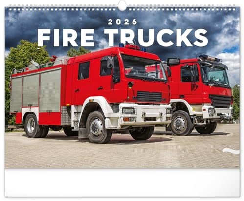 NOTIQUE Wandkalender 2026 Feuerwehrfahrzeuge – Einsatzfahrzeuge Kalender für Technikfans, Monatskalender – 48 x 33 cm
