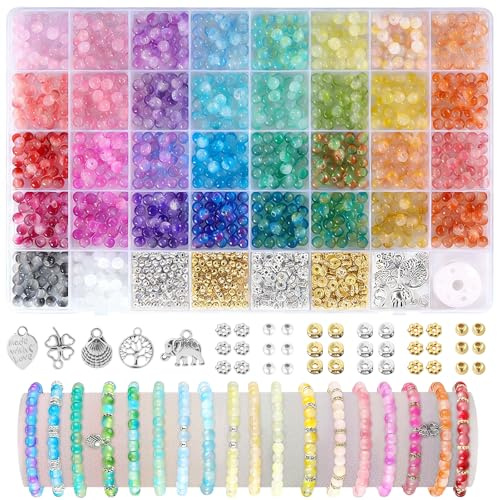 RoyalChic 1438 Piezas Cuentas Cristal para Pulseras 6mm, 34 Colores Pastel | 6mm Mostacillas de Cristal, Juego de Hacer Pulseras con Herramientas y Caja, Impermeables, Manualidades Pulseras Cristal