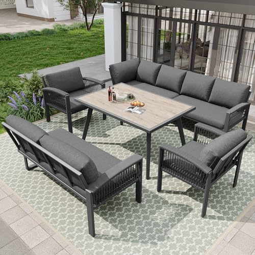 TOBIDOEN 8 Personen Garten Lounge Set Grau, Seilwerk mit Großem Tisch und Holzmaserung, Eisengestell, Verstellbaren Beinen, Kissen Inklusive, Gartenmöbel Wetterfest, Sitzgruppe für Garten