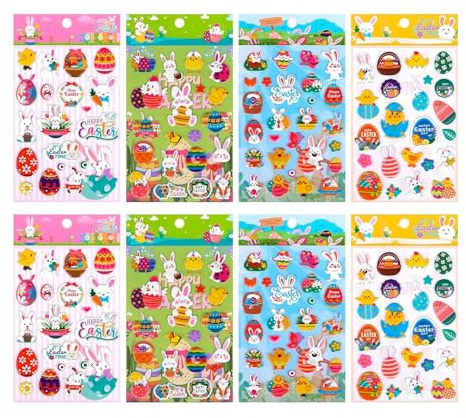 8 Stück 3D Ostersticker Kinder Aufkleber, Aufkleber Ostereier, Osterhase Osterküken Motive, für Osterdeko Ostereier DIY Geschenke