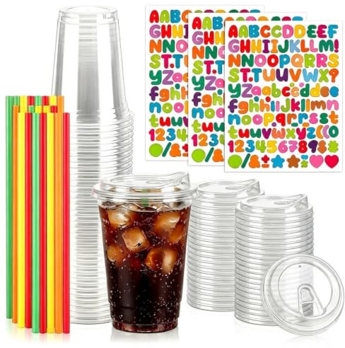 500ml Clear Cups with Straws, Reusable Transparent Party Cups for Smoothies | 50Pcs Cold Drinking Cups with Flat Lids, Elegant Coffee Tumbler with Lids for Milkshakes