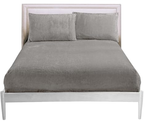 GC GAVENO CAVAILIA 25cm Deep Fleece Fitted Sheet Super King - Soft 100% Polyester Teddy Bear Bedding - Warm & Cozy Elastic Corner Bottom Sheets Silver - Fluffy Super King-Size Bed Sheet, 182x203cm
