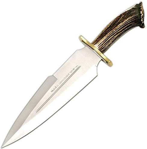 Muela Cuchillo Gran Duque DUQUE-25S hoja de acero MoVa de 26 cm y empuñadura de roseta de ciervo para Caza, Pesca, Supervivencia y Bushcraft Realizado en Ciudad Real + Portabotellas de regalo