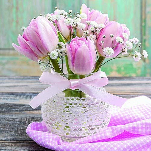 20 Servietten Romantischer Tulpenstrauß mit Blumen in pink für den Frühling 33x33cm