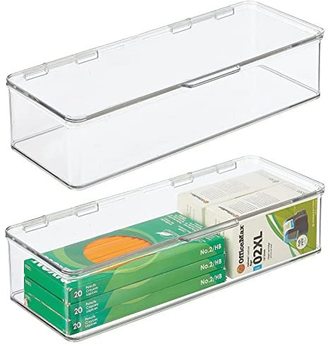 mDesign 2er-Set Schreibtisch Organizer – stapelbarer Büro Organizer aus BPA-freiem Kunststoff – lange Aufbewahrungsbox mit Deckel für Stifte, Radiergummi und anderes Bürozubehör – durchsichtig